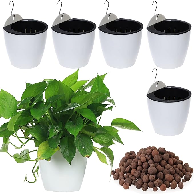 5 Packs 7.3”Wall Hanging Self Watering Planters Large Wall Mounted Plastic Plant Pots Wick Flower Pots for Indoor and Outdoor Wall Mounted Planters African Violet Pot Orchid Pots