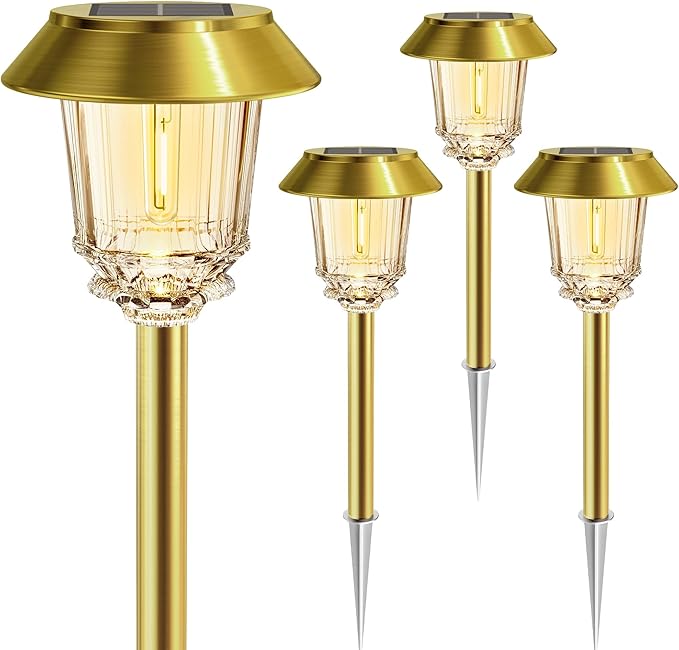 Solar Lights Outdoor Waterproof,4 Pack Gold Pathway Lights with 10-40 LM Dimmable Glass and Metal, Solar Powered Garden Decor for Yard,Patio,Pathway,Driveway(Warm White)