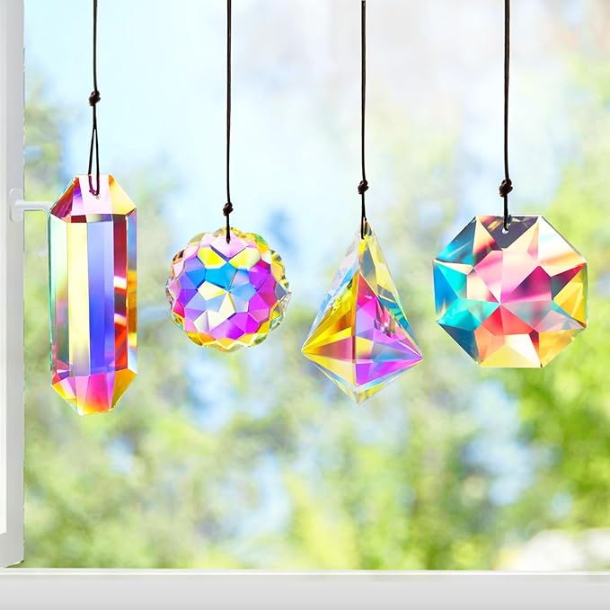 4PCS Colorful Crystal Prism Suncatcher Hanging Crystal Ornament for Window Sun Catchers Feng Shui Decor for Indoor Outdoor Home Garden Decoration