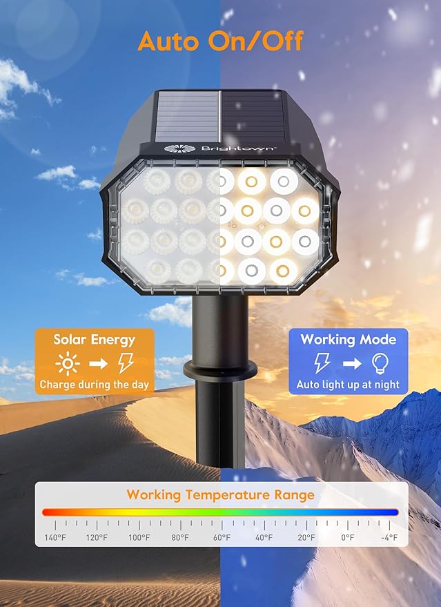 Brightown Solar Lights Outdoor Waterproof IP67, [Cool & Warm Light 2-in-1] Solar Spot Lights Outdoor, 2 Colors 3 Brightness Levels LED Outdoor Solar Lights for Yard Pathway Garden House, 4 Pack