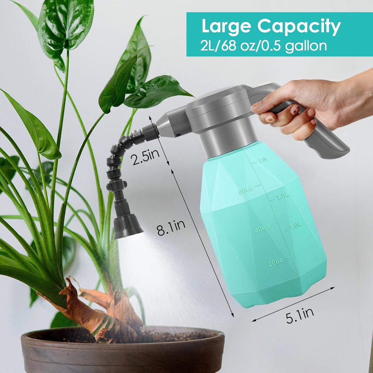 0.5 Gallon Electric Spray Bottle Plant Mister for Indoor/Outdoor Plants, 2L Automatic Watering Can Rechargeable Battery Powered Sprayer with Adjustable Spout for Garden, Fertilizing, Cleaning