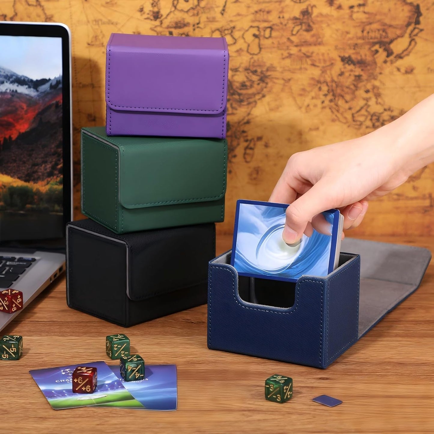 Yookeer 4 Pieces Leather Deck Card Boxes Cards Deck Game Box for Collectible Playing Card Box Compatible with MTG Commander(Black, Blue, Green, Purple,Horizontal)