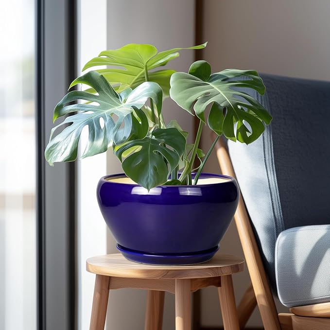 Ceramic Planter Pot 11 Inch - Indoor Planter Pot for Plants with Drainage Hole and Saucer Large Planter Round Outdoor Flower Pot Mid-Century for House Patio Decor Blue