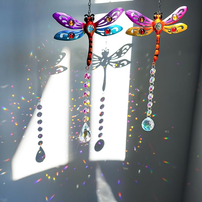 Crystal Dragonfly Suncatchers for Christmas, 2 Pack Dragonfly Sun Catcher for Windows Hanging, Stained Glass Dragonfly Ornament for Outdoor Home Decor