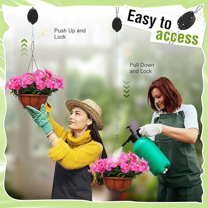 Plant Pulleys for Hanging Plants, Heavy Duty Retractable Hangers, 304 Stainless Steel Rope, Auto Plant Holder, Adjustable Climbing Hook for Garden Baskets Watering, or Bird Feeders (Black-6)