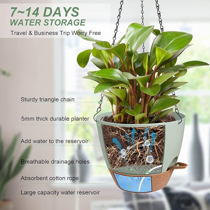 Hanging Planters for Indoor Outdoor Plants, 2 Pack Self Watering Hanging Pot with Drainage Holes & Removable Tray (Green, 6'')