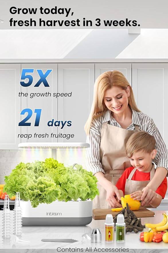 inBloom 12 Pods Hydroponics Growing System Indoor Garden with LED Grow Light and Pod Kit, Plants Germination Kit with 4.2L Water Pump Accelerate, Height Adjustable, Gardening Gifts for Women, White