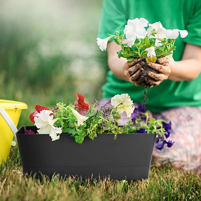 GREANER 6 Pack Herb Planters, 12x3.8 Inch Black Rectangle Window Boxes with Tray, Indoor Succulent Cactus Mint Plastic Pot for Windowsill, Balcony, Office, Outdoor Garden