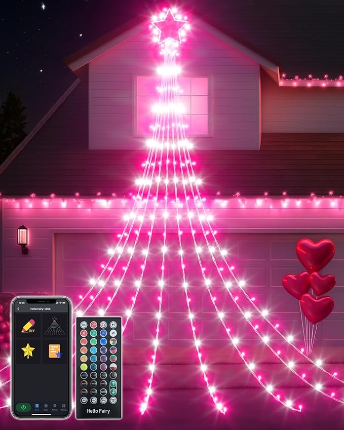 16.5FT Smart Outdoor Christmas Decoration Star String Lights, DIY Color Changing LED Yard Lights App Control Music Sync, Timer, Group Control Waterproof Waterfall Tree Lights for Outside