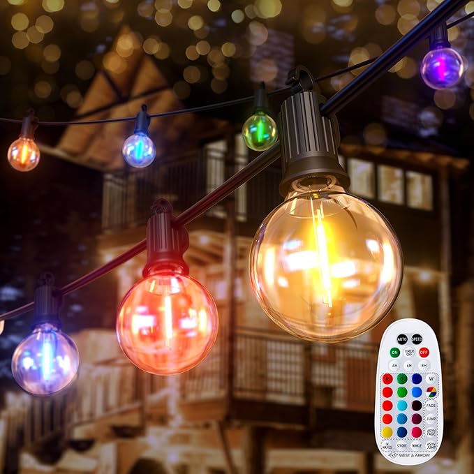 Brightown RGBW Outdoor String Lights, 58FT LED Patio Lights with Remote and Timer, Commercial Grade Waterproof Hanging Lights with 27 Shatterproof Bulbs(2 Spare) for Backyard Porch Garden Party Decor