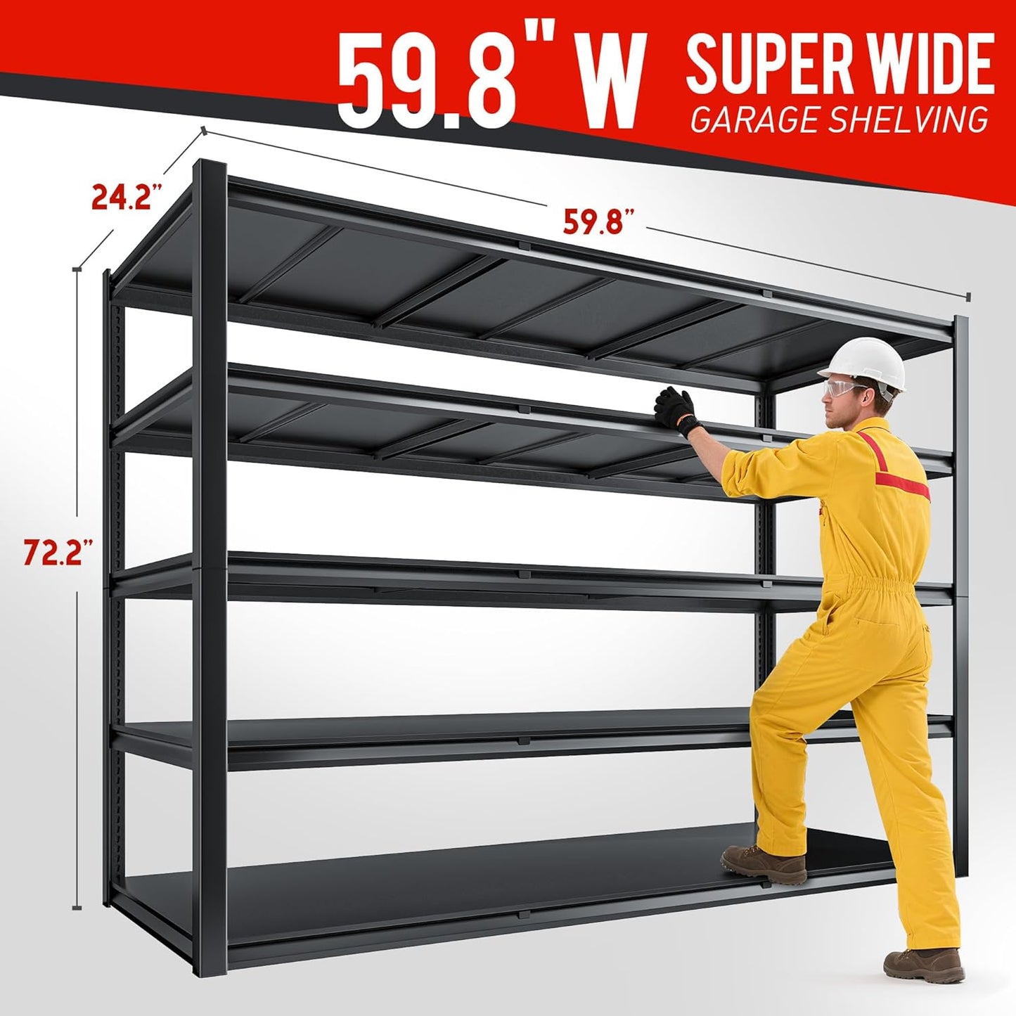 59.8" W x 72.2" H x 24.2" D Storage Shelves Metal Shelving, 2650LBS Garage Shelving Unit with Adjustable Shelf, 5 Tier Storage Rack for Garage, Pantry, Warehouse, Basement, Black