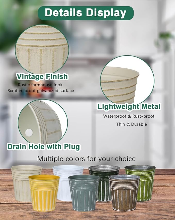 vensovo 6 Inch Yellow Metal Rustic Flower Pots - 6Pcs Galvanized Planters with Drainage Hole and Rubber Plug, Rustproof Metal Bucket Plant Pots Farmhouse Vintage Style for Decor
