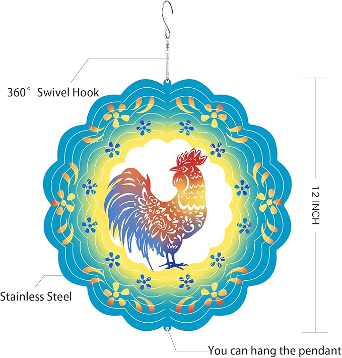 Rooster Wind Spinners Metal Chicken Gifts for Mom Women Grandma,12inch Hanging Wind Spinner for Outdoor&Indoor Decor Wind Chime Christmas Ornament Gifts for Yard Garden Decoration