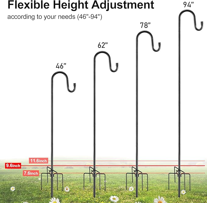 Bird Feeder Pole, 78 Inch & 5/8 Inch Diameter Stainless Steel Heavy Duty Shepherds Hooks for Outdoor to Hang Outdoor Lights with 5 Prongs Base, Rustproof for Garden Decor or Wedding Decors(Black)