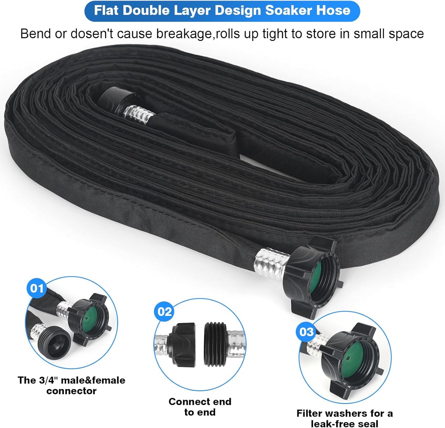 Flat Soaker Hose 50FT x 3 PACK,Drip Hose for Garden Beds Linkable Irrigation System Lightweight and Easy Watering for Tree Plant and Save 80% Water for You (150FT)