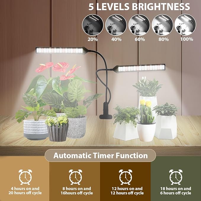 Grow Light LED Gooseneck Lamp,6500K 80W Full Spectrum 144 LED Plant Lamp Clip-on Desk for Indoor Plants Growing, Timer Setting 4/8/12/18H & 5 Dimmable Levels