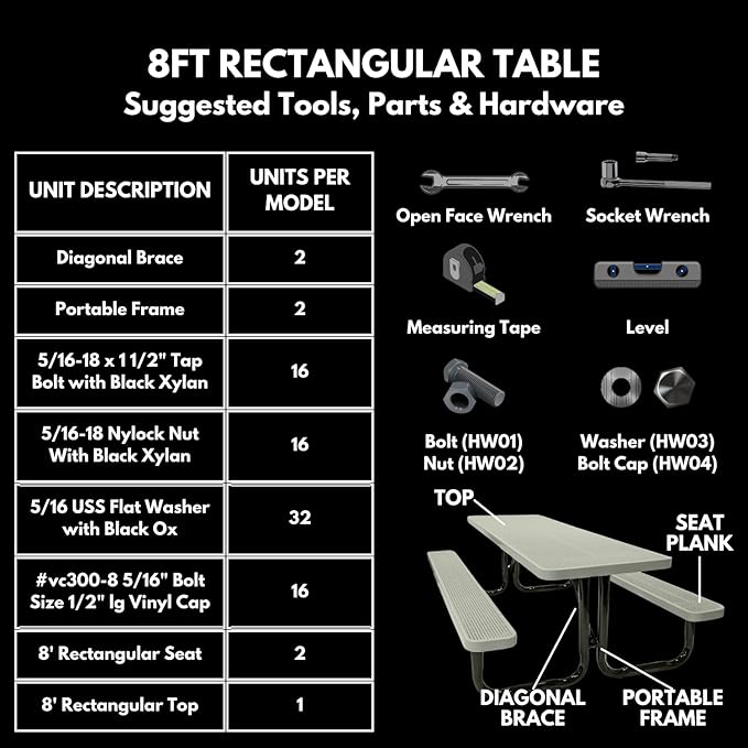 Coated Outdoor Furniture Heavy-Duty Portable Outdoor Picnic Table, Thermoplastic Coated Expanded Metal Commercial-Grade Patio Dining Furniture Made in America (8ft Rectangular, Grey)