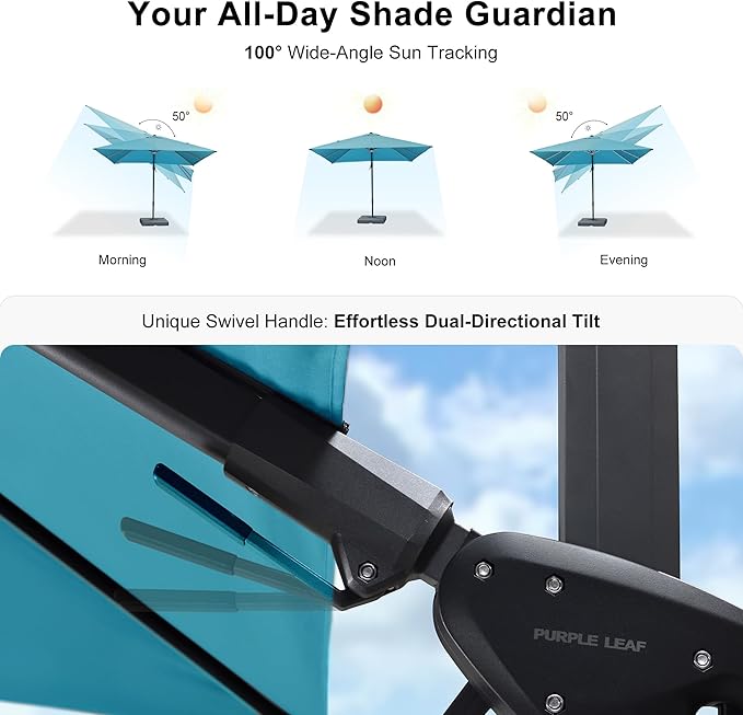 PURPLE LEAF 8.2' X 11.5' Tilting Patio Umbrella with Base Outdoor Cantilever Swivel Rectangle Umbrella Aluminum Offset Umbrella with 360-degree Rotation for Garden Deck Pool Patio Turquoise Blue