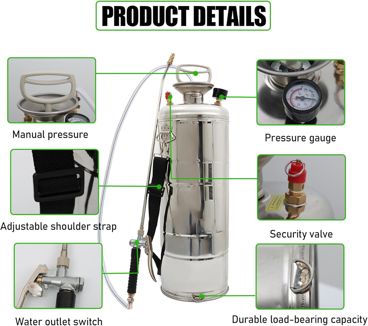 1.5 Gallon Stainless Steel Sprayer Hand Pump Sprayer with Pressure Gauge Safety Valve Adjustable Nozzle for Gardening Lawn and Cleaning