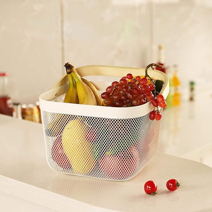 Metal Mesh Steel Basket, Storage Organizer Basket Multi-functional Hanging Kitchen Baskets Fruit Basket Bin with Bamboo Handle for Kitchen Bathroom Picnic Shopping Decor Cabinet Home, Beige