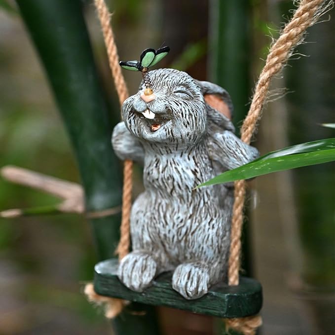 OwMell Garden Rabbit Statues, Cute Swing Bunny with Butterfly Statue Decoration for Yard Hanging Outdoor, Tree Ornaments Figurine for Stump Branch Lawn Patio Decor