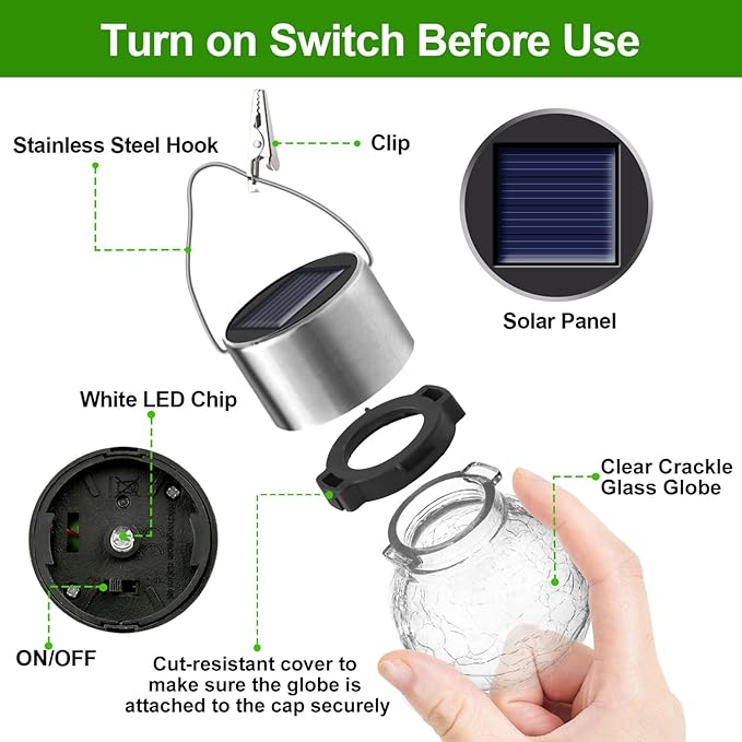 12 Pack Hanging Solar Lights Outdoor Decorative, Waterproof Solar Globe Lantern with Handle and Clip, Solar Powered Cracked Glass Ball Lights for Garden Yard Patio, Fence Tree Umbrella, Holiday Decor