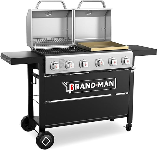 Brand-Man Griddle Grill Combo 6-Burner, 2 in 1 Versatile Propane Gas Grill and Griddle with Double Stainless Steel Lids, BBQ Combo for Outdoor Kitchen & Backyard Barbecue Cooking