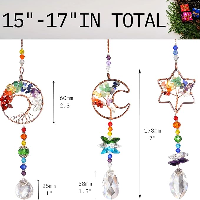 3pcs Rainbow Chakra Crystal Suncatcher Windows Hanging Tree of Life Sun Catchers Decor with Prisms for Car, Feng Shui Charms Decor for Home