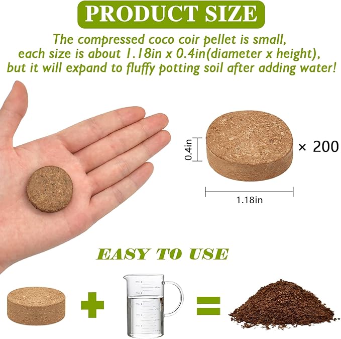 ZeeDix Organic Coco Coir Pellets Potting Soil, 200pcs 30mm Compressed Coconut Fiber Seed Starter Soil Pellets, Coco Peat Soil Discs for Indoor Outdoor Plants, Herbs, Houseplants, Flowers, Vegetables