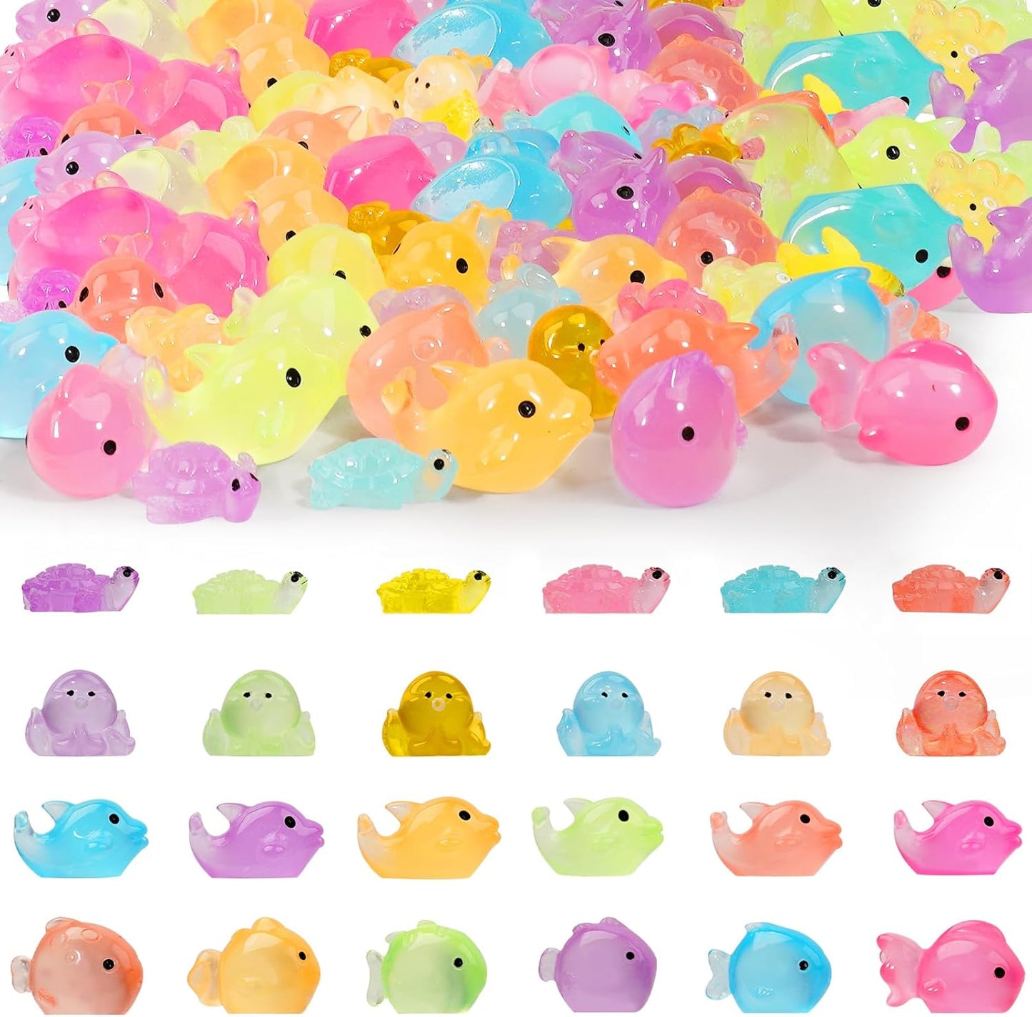 Mini Resin Ocean Animals Figures to Hide 72 PCS Luminous Tiny Miniature Figurines Bulk Glow in The Dark Include Baby Octopus Small Turtle Dolphin Fish for Aquarium Garden Micro Landscape Dollhouse