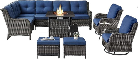 Outdoor Sectional Furniture Sofa Set with Propane Fire Pit Table, Wicker Patio Conversation Set with 2 Swivel Rocker Glider Chairs Blue Cushion Perfect for Backyard Casual Gathering