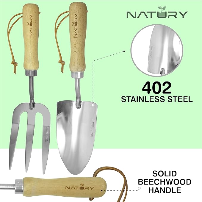 Garden Tools Set – Premium Stainless Steel Gardening Hand Tools with Solid Beechwood Handle – Gardening Kit with Rake, Shovel, Gloves, Shears, Tool Organizer – Garden Gifts for Women and Men