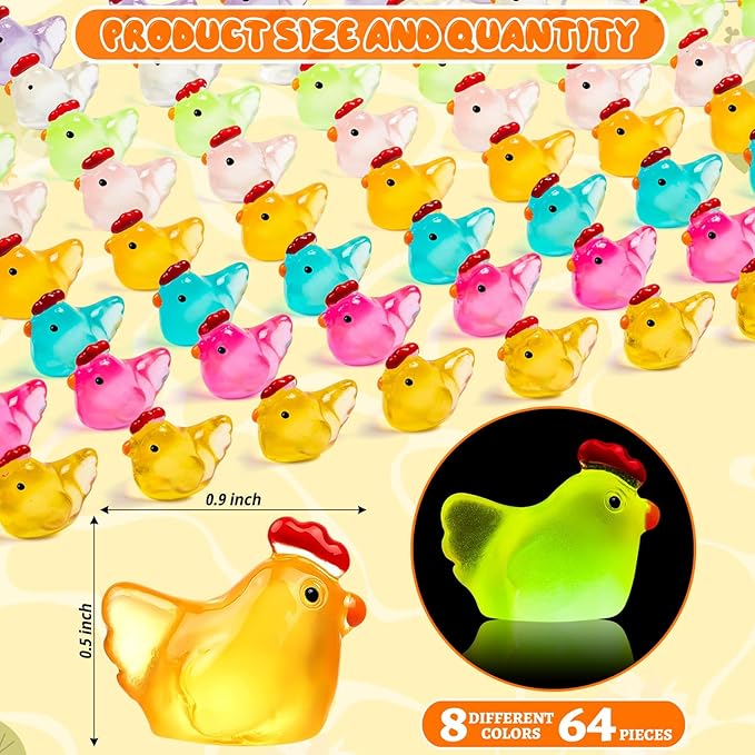 64PCS Luminous Mini Chicken Figurines Resin Miniature Animals, 8 Colors Tiny Chickens Miniature Glow in The Dark for Dollhouse, Micro Landscape, DIY, Home Outdoor Party Decor