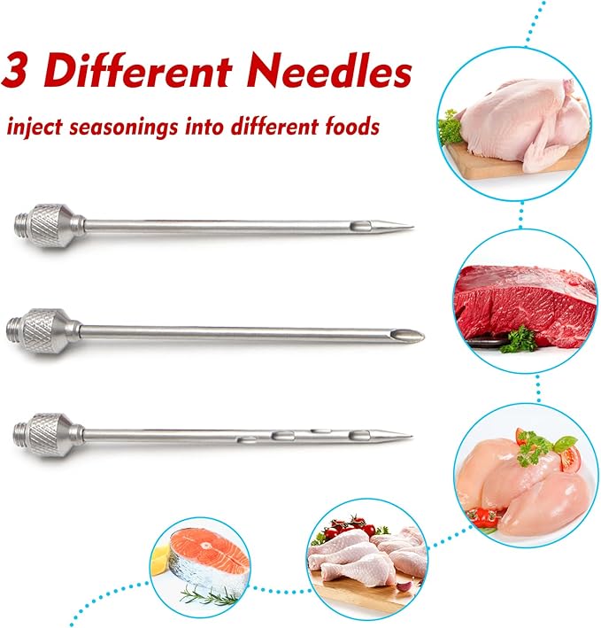 TGE-V 1-oz Plastic BBQ Marinade Injector Kit, Turkey Injector Syringe (3 Stainless Steel Meat Needles + 3 Replacement O Rings + 1 Cleaning Brush) for Smoked BBQ Grill