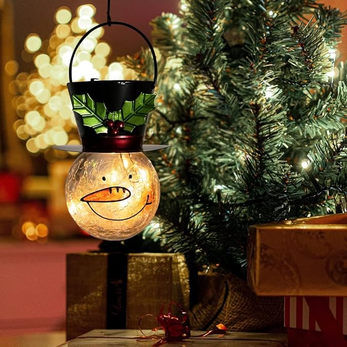 Starsoul Snowman Solar Lanterns, Christmas Outdoor Hanging Lantern Waterproof Decorative Snowman Lamps Decor for Garden, Patio, Yard, Porch, Xmas Holiday Party Decor (Large Leaves)