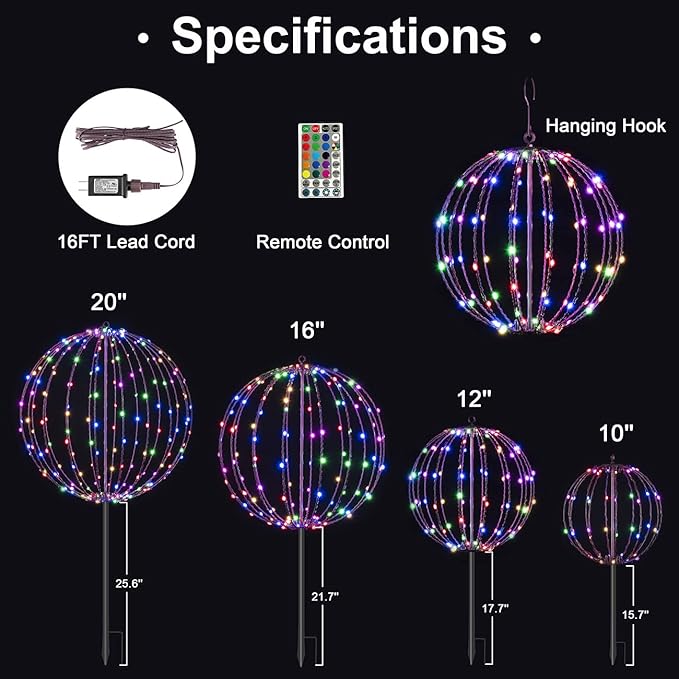 Christmas Ball Sphere, 12IN 96LED Hanging Tree and Pathway Lights With Hook and Stake, Foldable Metal Frame Ball for Outdoor Garden, UL Listed, Brown Frame, RGB