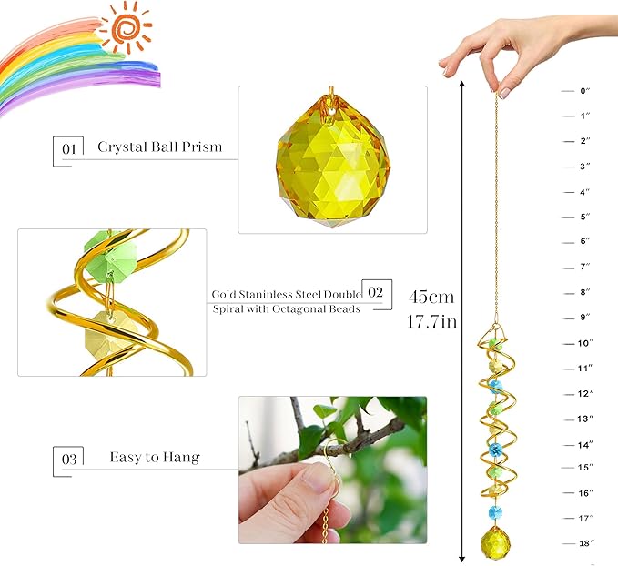 H&D HYALINE & DORA Glass Gazing Ball Spiral Tail Decorative Sun Catcher,17.7in Rainbow Maker Double-Spiral W/Yellow Crystal Ball Prism Sun Catcher for Indoor Outdoor Garden Decoration