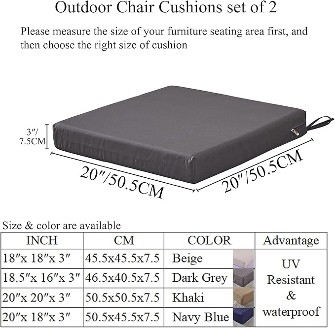 20 x 20 Inch Outdoor Chair Cushions for Patio Furniture, UV Resistant Non Slip Waterproof Replacement Patio Seat Cushion with Ties Set of 2, Khaki