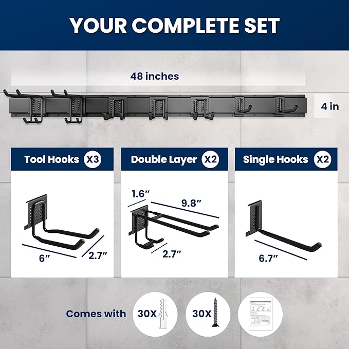 48'' All-Metal Garage Tool Organizer Wall Mount – Heavy-Duty Tool Rack Holds 450 lbs, Adjustable Hooks for Garage, Yard, and Garden Equipment