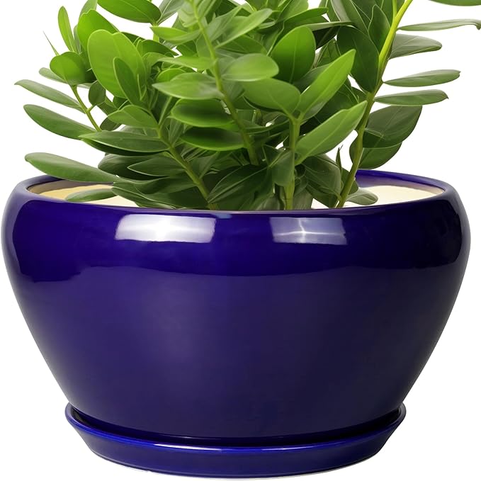 Ceramic Planter Pot 11 Inch - Indoor Planter Pot for Plants with Drainage Hole and Saucer Large Planter Round Outdoor Flower Pot Mid-Century for House Patio Decor Blue