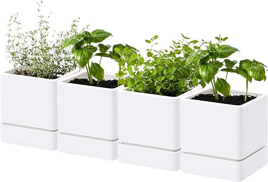 4 Inch Herb Planter Pot, Plastic Planter with Drainage Holes and Saucer, Modern Decorative Gardening Pot for Indoor Plants, Flowers, Herbs, Succulents, White, Set of 4, 76-Y-A-4