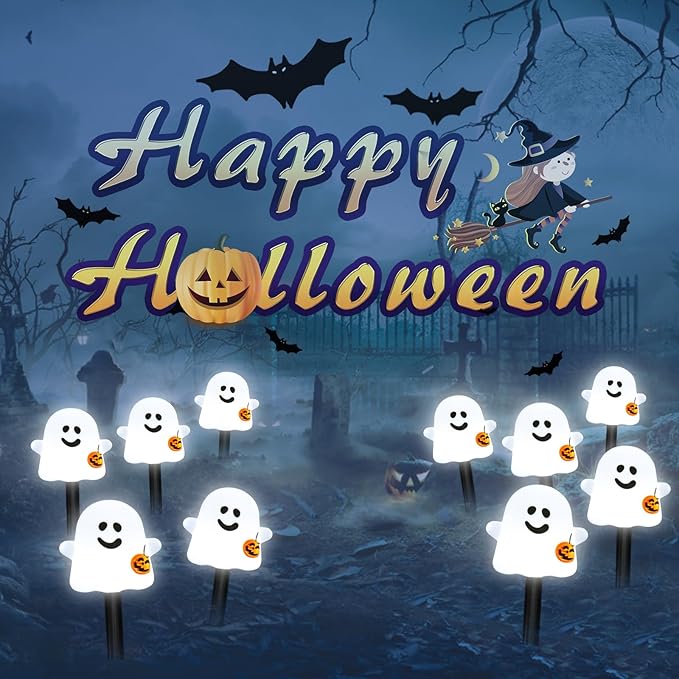 Solar Halloween Ghost Pathway Lights, 10 Pack Ghost Stake Lights with Pumpkin Design, Durable Waterproof Outdoor Halloween Decoration for Garden, Walkway, and Yard (10Pcs PGhost)
