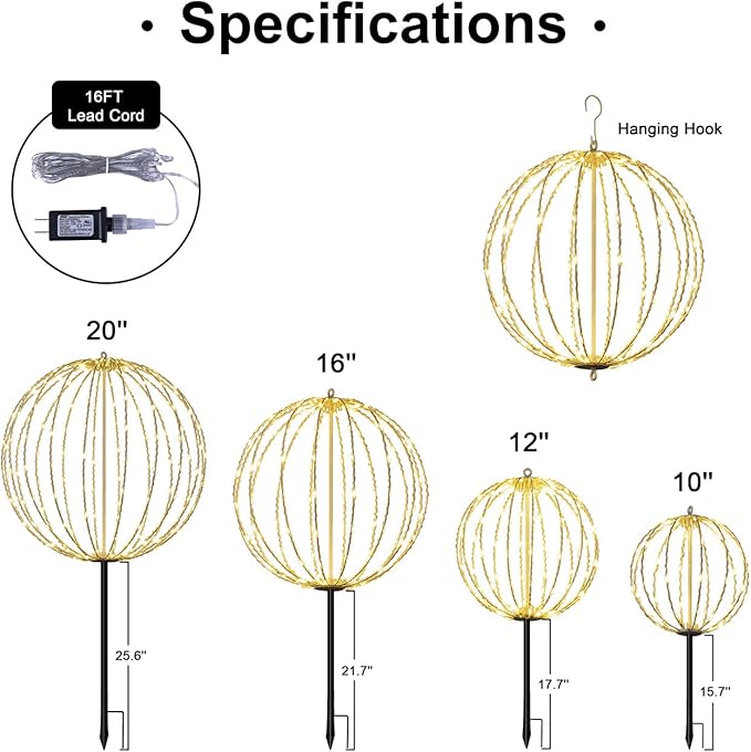 20IN Foldable Metal Frame Light Sphere - 200LED Hanging Tree and Pathway Light with Hook and Stake, UL Listed, White Frame, Warm White