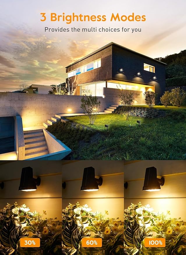 Brightown Solar Lights Outdoor Waterproof IP67, [Cool & Warm Light 2-in-1] Solar Spot Lights Outdoor, 2 Colors 3 Brightness Levels LED Outdoor Solar Lights for Yard Pathway Garden House, 2 Pack