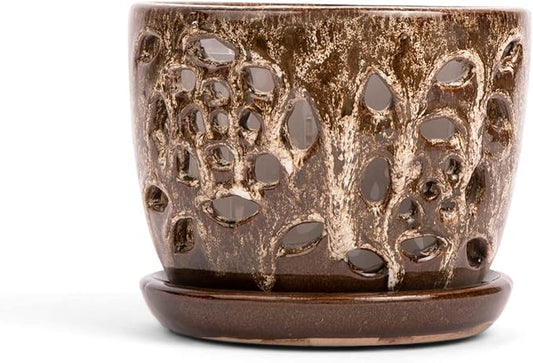 rePotme Orchid Pot - 5 inch Floral Cutout Ceramic Orchid Pot with Holes (Creamy Chestnut) - Includes 5 inch Slotted Pot Liner