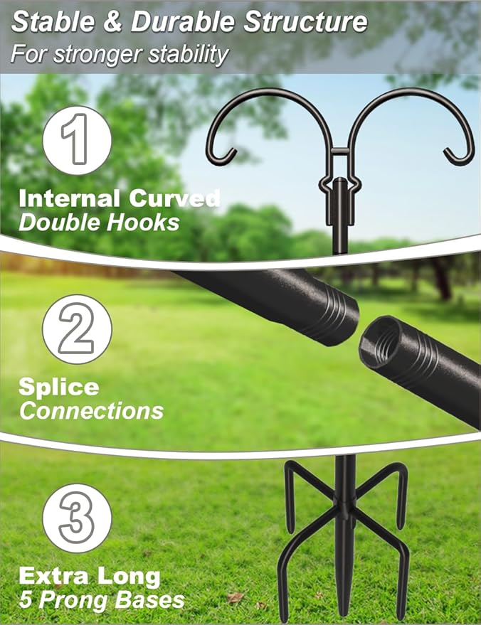 Outdoor Double Shepherds Hook with 5 Prong Base, 60 Inch Adjustable Heavy Duty Two Sided Bird Feeder Pole Stand for Hanging Plant Baskets, Solar Light Lanterns, Hummingbird Feeder, 2 Pack