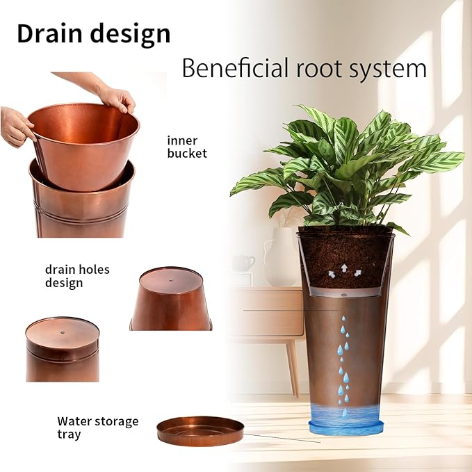 28in Tall Antique Copper Metal Vintage Planter Set of 2,Galvanized Steel Planter Pots for porches/Indoor/terraces Patio- Copper Color(2planters,2inner pots with Holes, 2trays)