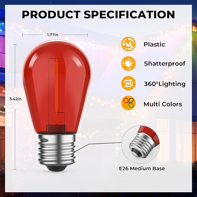 36 Pack LED S14 Colored Light Bulbs for Outdoor String Lights, Shatterproof 1W Replacement Bulbs for Party Lights, 2200K Warm White, Dimmable, E26 Base, Multi-Color: Red/Green/Blue/Orange