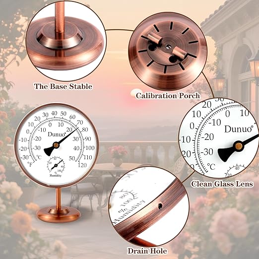 4-inch Outdoor Thermometer Hygrometer, Indoor Humidity Meter, Temperature Monitor Gauge for Home, Room, Office, Patio, House, Greenhouse, Antique Copper,Tabletop Decor.
