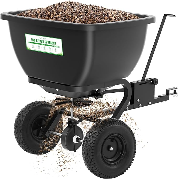 200LB Tow Behind Broadcast Spreader, Fertilizer Spreader Holds up to 550 lbs with 13" Pneumatic Tires and Adjustable Flow Control Lever,for Fertilizer, Grass Seed, Salt, Ice Melt, Lawn